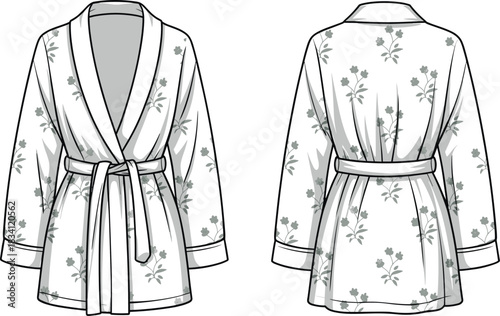 Front and back view of a white floral print bathrobe with a tie belt dressing gown sleepwear