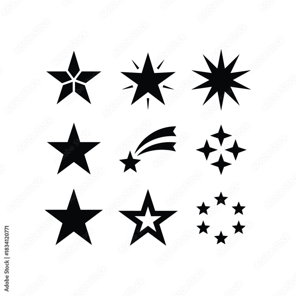 Fototapeta premium Collection of nine distinct black star icons in a grid layout on a white background