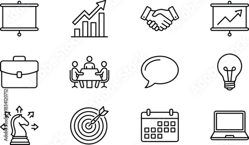 business strategy icons, communication tools, growth chart, partnership handshake, meeting table, innovation bulb, goal target, calendar planning, laptop work, briefcase symbol, presentation