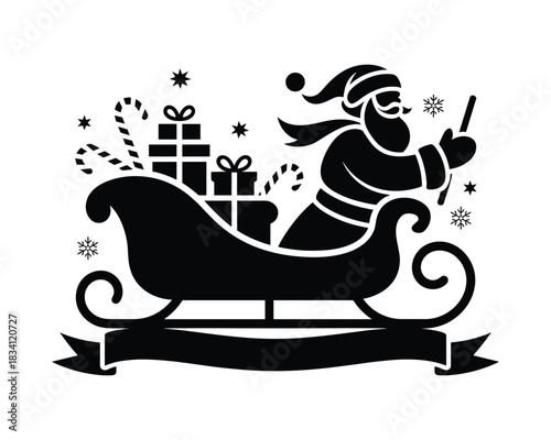 Black and white santa claus in sleigh with presents silhouette