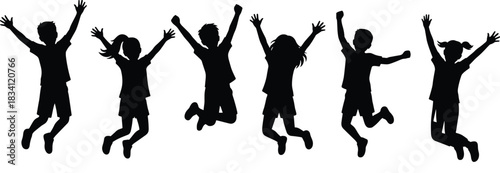 children, jumping, silhouette, playful, energetic, happy, joy, freedom, group, pose, movement, action, black, white, dynamic, raised arms, childhood, fun, excitement, bounce - vector illustration