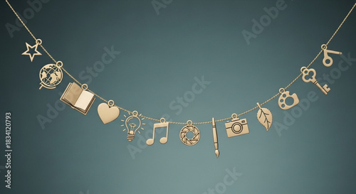 A golden charm bracelet hangs suspended against a teal background featuring symbols of knowledge creativity and life s passions representing diverse interests and aspirations