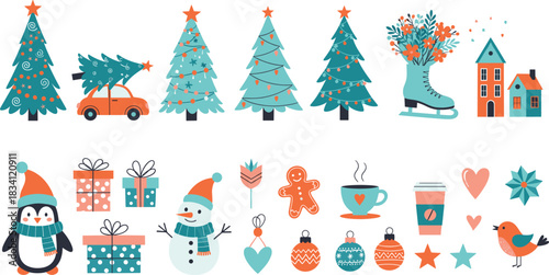 Mega Bundle of Flat Vector Christmas and Winter Holiday Elements Featuring a Cute Penguin, Decorated Christmas Trees, a Car Carrying a Tree, Presents, Gingerbread, Coffee, and a Friendly Snowman