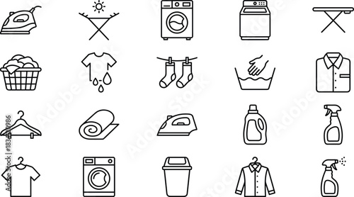 Laundry, Ironing, Washing, Drying, Cleaning, Basket, Shirt, Clothes, Garment, Home, Service, Icon, Outline, Vector, Flat