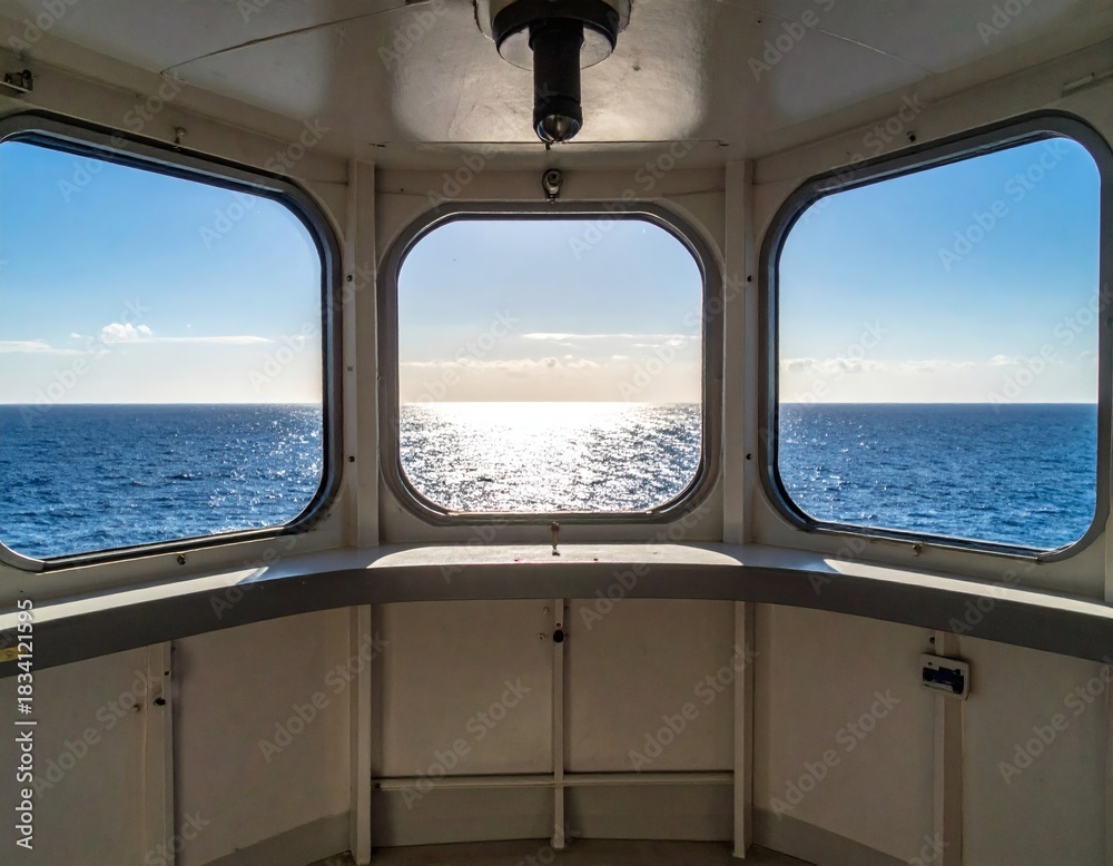 Fototapeta premium Stunning expansive ocean view from a boat cabin at sea with bright sunlight reflecting on the water