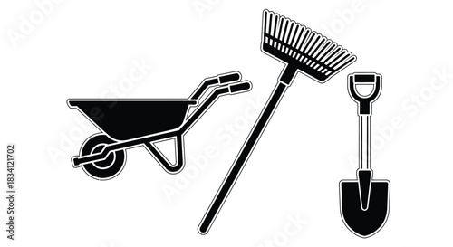 Gardening tools wheelbarrow rake and shovel equipment vector image