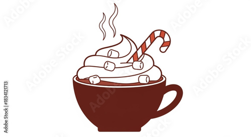 A delicious cup of hot chocolate topped with whipped cream marshmallows and a festive candy cane stick with steam rising from the warm beverage