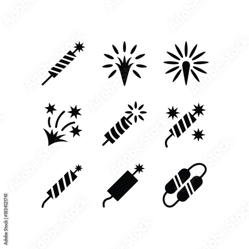 Collection of stylized black and white fireworks and firecracker icons