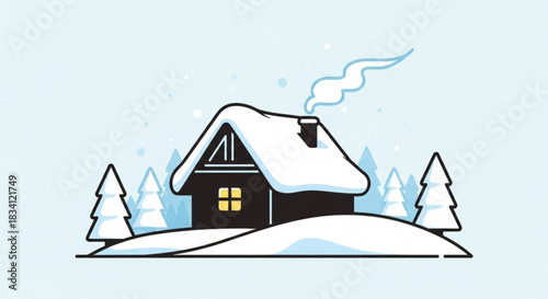 Cozy winter cabin nestled in a snowy landscape with evergreen trees and smoke gently rising from the chimney on a clear blue sky background with falling snowflakes