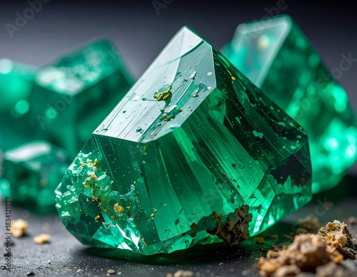 Emerald-green crystals sparkle, close-up, with earthy flecks on a dark surface. Sharp edges catch the light, deep-green hue