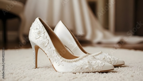 Luxurious white wedding heels with intricate lace and pearl details