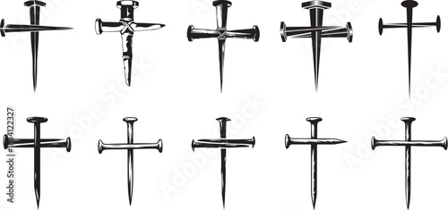 Christian cross design made of two large hand-forged iron nails vector silhouette collection, cross symbol, vector line drawing.