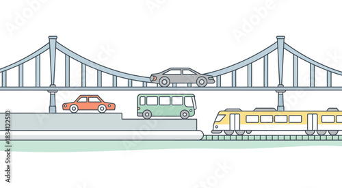 Modern transportation on a bridge including cars, buses, trucks, and train, designed for urban planning concepts, infrastructure illustrations, and professional vector design