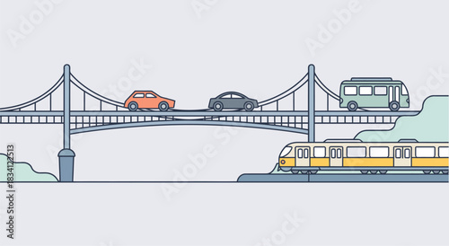 Modern transportation on a bridge including cars, buses, trucks, and train, designed for urban planning concepts, infrastructure illustrations, and professional vector design
