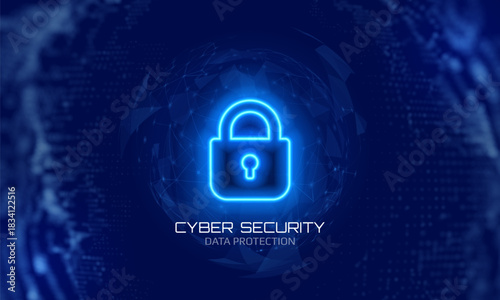 Cyber security shield with digital padlock icon. Data protection, secure access, digital encryption and online network security. Vector illustration.