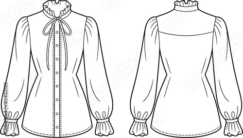 Vintage Ruffled Blouse with Bow Tie Front and Back Fashion Sketch bow tie blouse long sleeve shirt