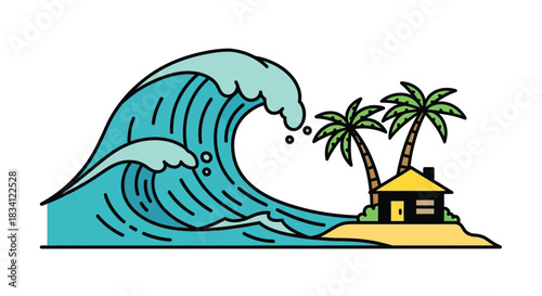 Cartoon tsunami wave approaching island with palm trees and house