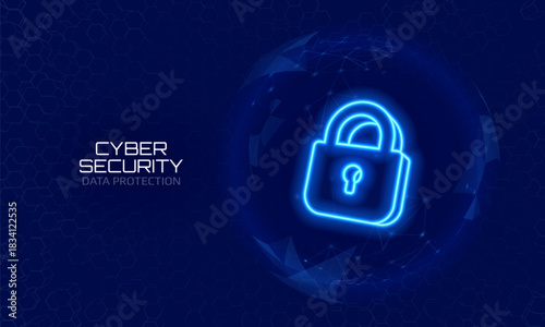 Cyber security shield with digital padlock icon. Data protection, secure access, digital encryption and online network security. Vector illustration.