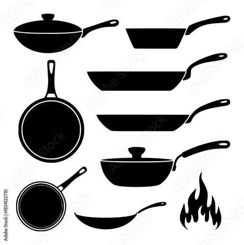 Collection of Black Silhouette Cookware and Flames