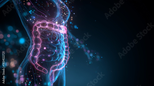 Human Body Silhouette with Glowing Pink Intestine and Digital Microbiome Lines