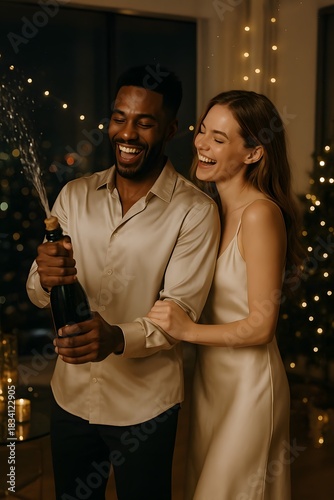 Ultra-realistic editorial couple photography of modern interracial couple celebrating new year in high-rise apartment