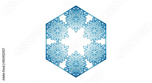 Intricate hexagonal snowflake pattern with delicate blue frosty crystalline structures forming a symmetrical geometric design on a clean white background