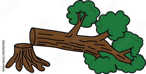 Fallen Tree and Stump Cartoon Illustration, Deforestation and Logging Concept