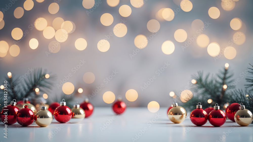 Fototapeta premium Red and Gold Christmas Ornaments with Pine Branches and Warm Bokeh Lights