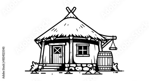 Illustration of a hut with straw roof and wooden barrel vector art