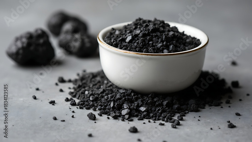 Close-Up of Black Granules and Lumps in White Ceramic Bowl on Gray Surface – Natural Minerals and Crystals