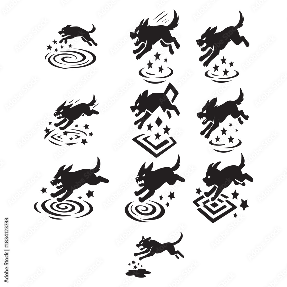 Obraz premium Angry dog silhouettes leaping over stars, vortexes, and symbols