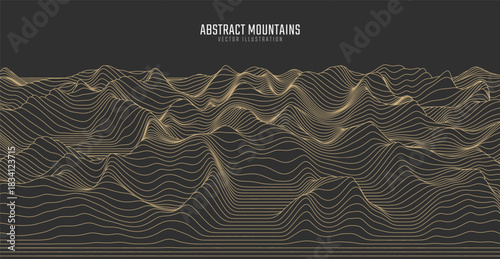 Contour mountain landscape. Waved line art. Abstract minimal topographic map. Contour lines with elevations and terrain depth. Vector illustration.