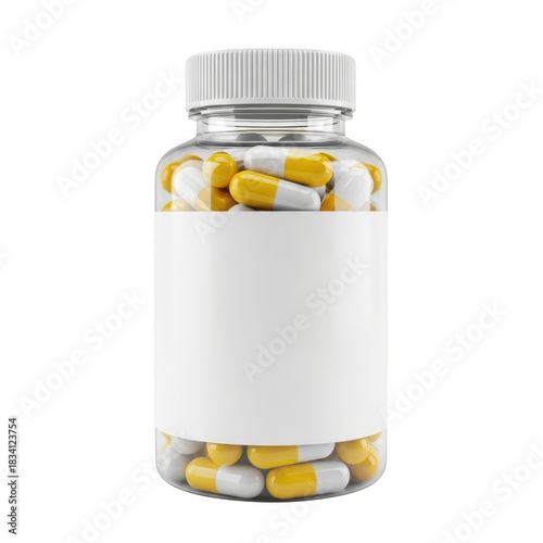 Clear plastic pill bottle filled with white and yellow capsule medication isolated on transparent background
