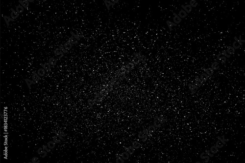 Snow flakes falling isolated. White snowflakes on black background. Snow pattern texture. Snowstorm backdrop. Snowfall overlay background. Winter ice effect. Vector illustration, EPS 10.