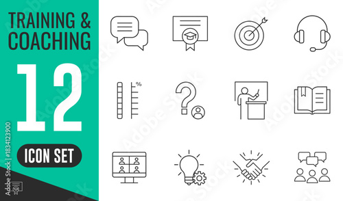 Training and Coaching line icons set. Vector illustration in modern thin line style of education related icons, skills, lector, advise, support