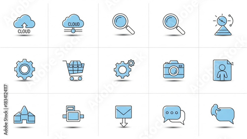 A vector collection of 15 essential business and technology icons rendered in a clean, modern, light-blue outline style. The set includes symbols for cloud computing, searching, time management.