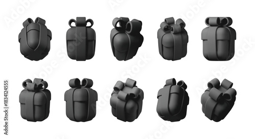 Collection of black 3d vector gift box icon in various angles. Minimalistic present box with ribbon bow. Holiday, birthday, surprise concept. Vector illustration