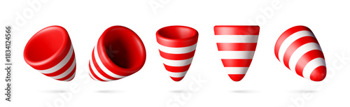 Red and white striped party cracker or party popper, a 3d vector illustration for celebration and festive event decoration. Vector illustration