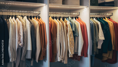Rows of assorted long-sleeved shirts organized in a brightly lighted custom closet.