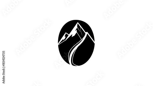 Monochrome coffee bean logo with mountains and road.