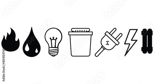 Energy resources and waste management icons for sustainable living