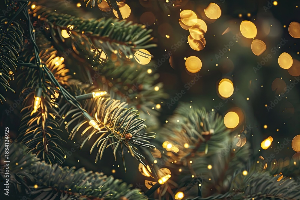 Fototapeta premium Festive close-up of pine needles with glowing garlands and warm Christmas lights