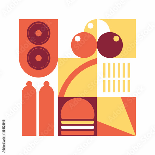 Abstract geometric illustration representing fast food items like burgers, pizza, sausage, ice cream, and potatoes using bold shapes and warm colors.