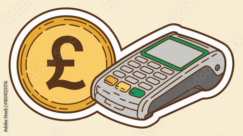 British Pound coin alongside a card reader, perfect for banking visuals, digital transaction illustrations, financial services