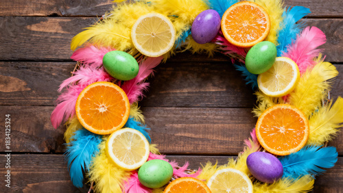 Colorful Easter wreath with oranges, lemons, and decorative eggs  