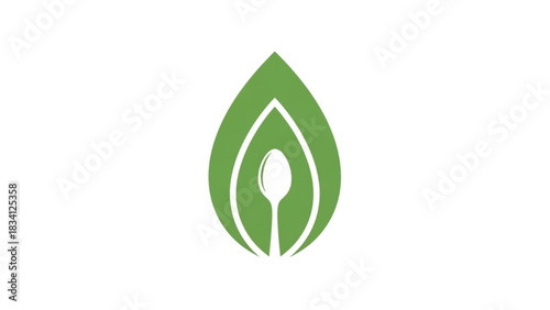 Simple logo of a spoon inside a symmetrical green leaf.
