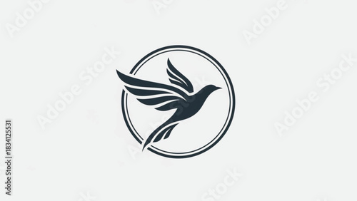 A monochromatic, stylized vector logo featuring a bird in flight with spread wings, gracefully enclosed within a double circular frame. The design conveys freedom, elegance, peace, spirituality.