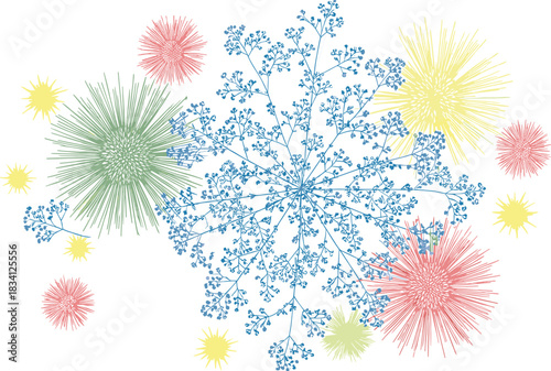 Abstract branching network, radial burst pattern, colorful fractal design, data visualization art, organic symmetry, dendritic structure, vector illustration