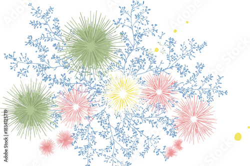 Botanical abstract artwork, radial burst pattern, colorful organic design, branching network structure, stylized flower symmetry, vector illustration, decorative texture