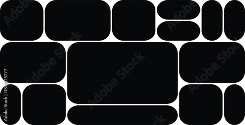 Abstract composition of black rounded rectangle shapes arranged in a mosaic or collage pattern